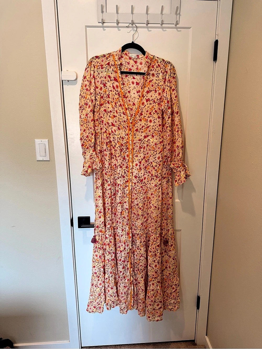 Poupette St Barth Rita Long Sleeve Maxi Dress Orange & Red Large